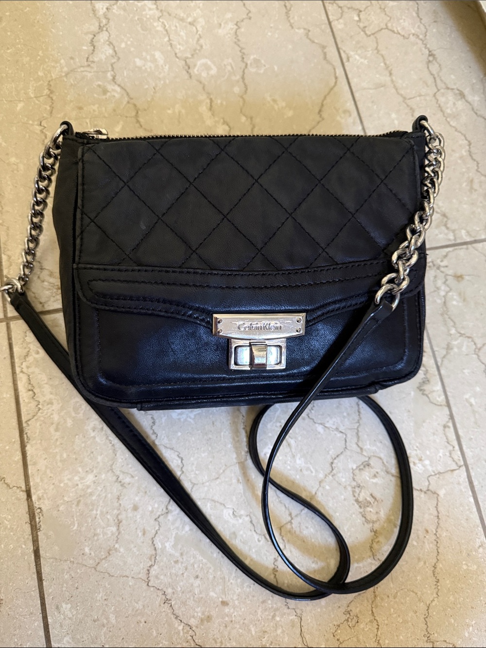 Calvin Klein Black Quilted Leather Chain Strap Shoulder / Crossbody Bag
